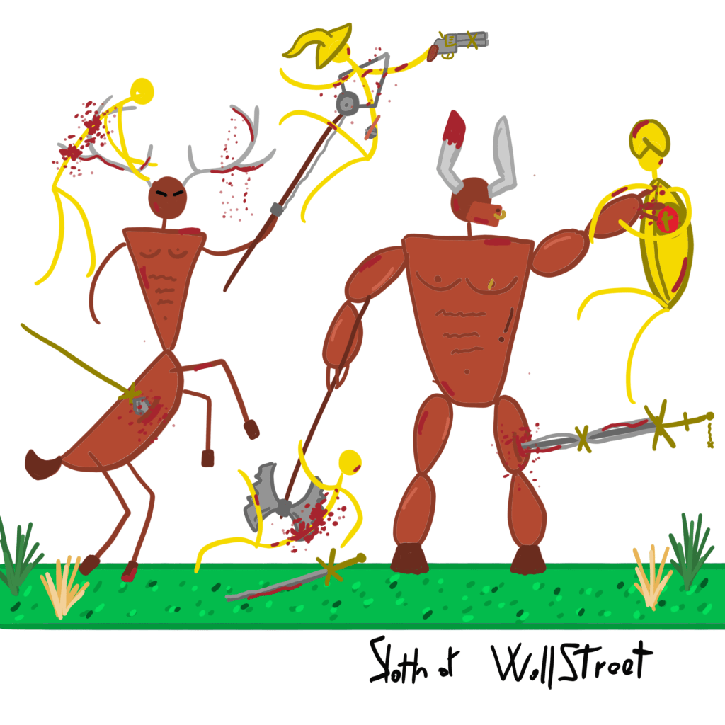 stickmen world stickman sloth of wallstreet nft fanart golden crosses shapeshifters centaur minotaur