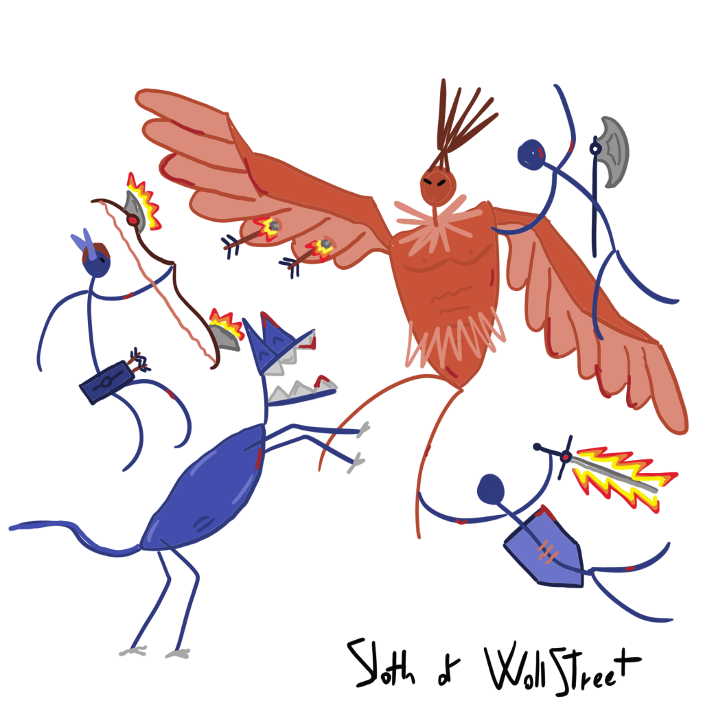 stickmen world stickman sloth of wallstreet nft fanart firebornes shapeshifters vulture bird wolf