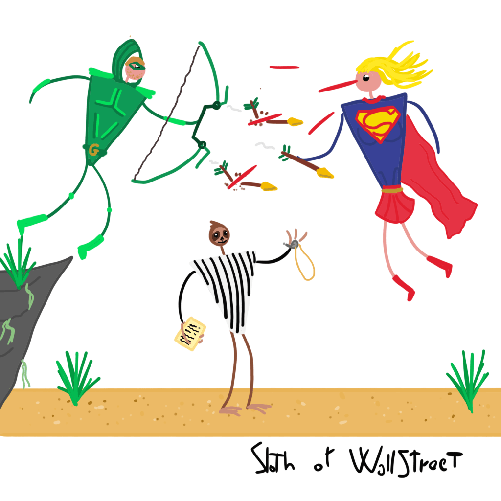 stickmen world stickman sloth of wallstreet nft fanart green arrow supergirl dc comics