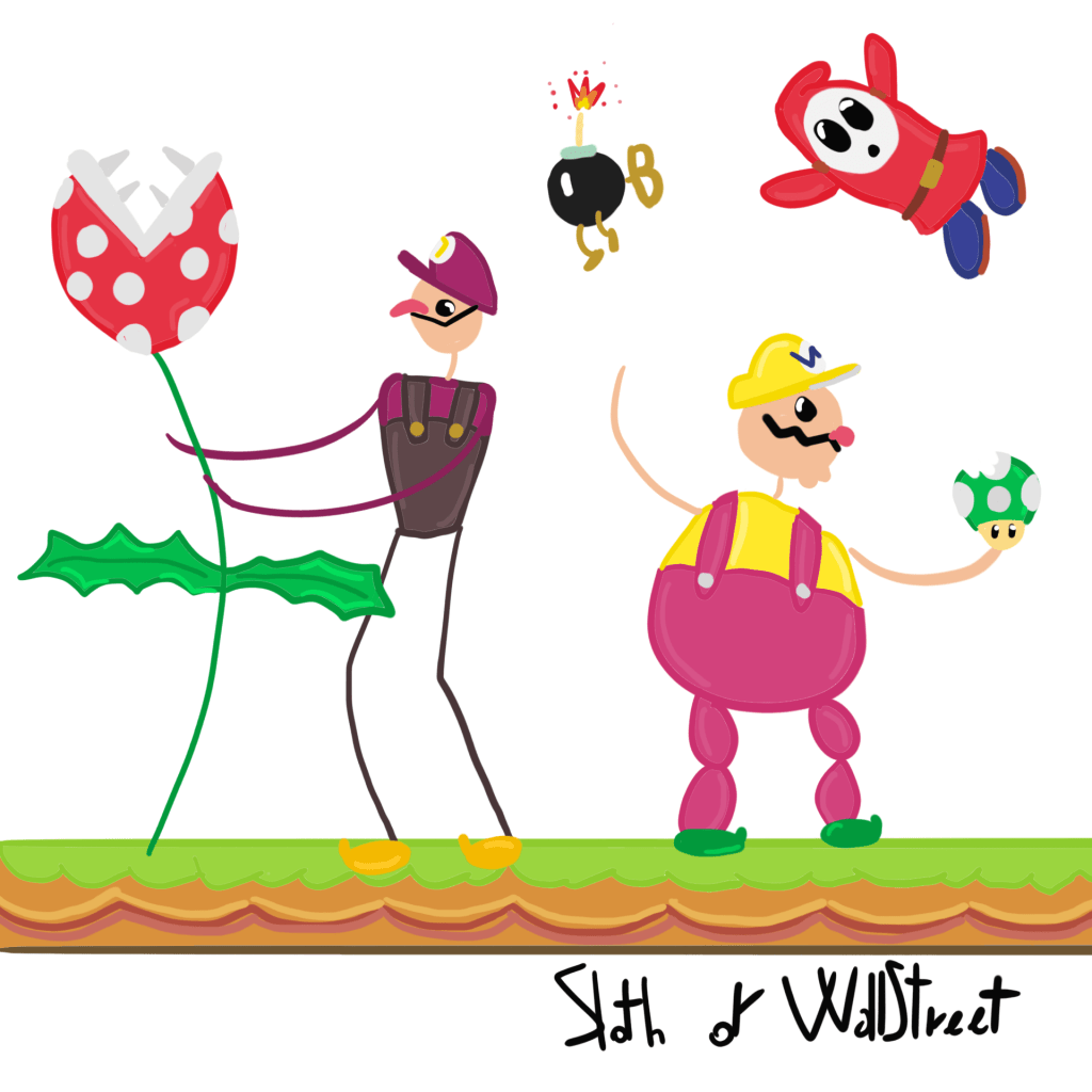 stickmen world stickman sloth of wallstreet nft fanart super mario wario waluigi plant